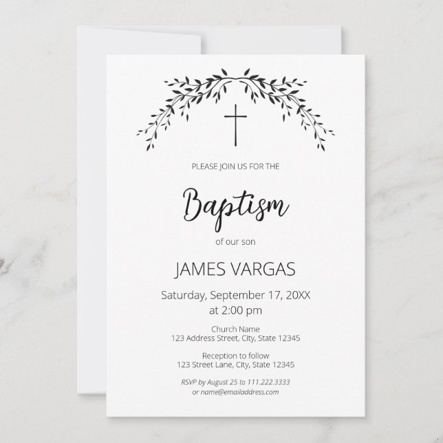Invitation Brisant. Élégant Baptême floral feuille (Devant)