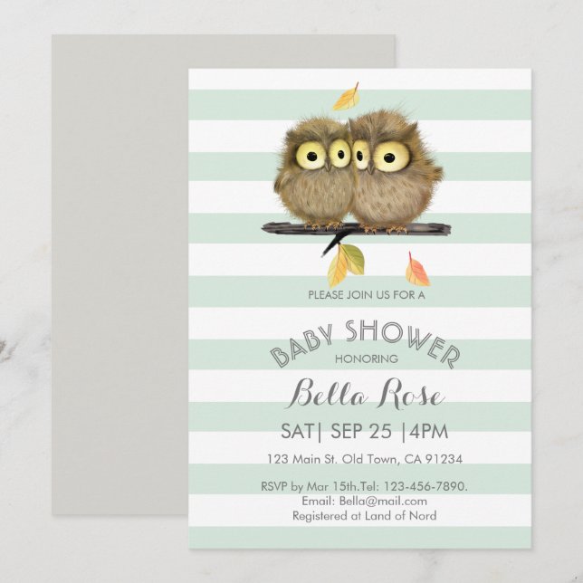 Invitation Broches de menthe Chevêche gris Bébé Douche Invita (Devant / Derrière)