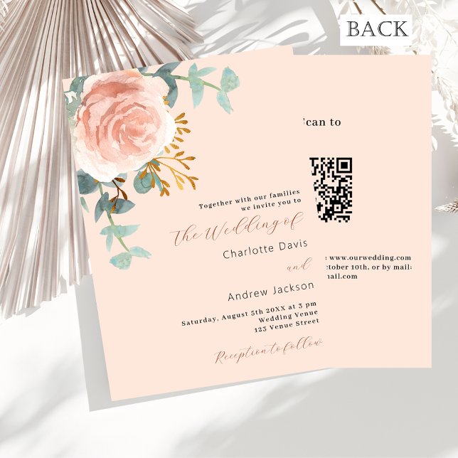 Invitation Brochure rose or florales verdure QR RSVP mariage (Créateur téléchargé)