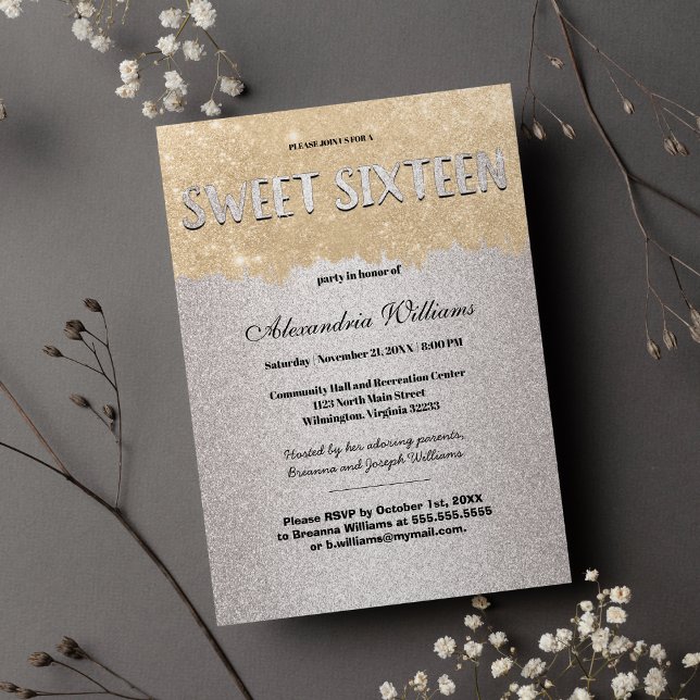 Invitation Brochures d'or classique brosse Parties scintillan (Classy Gold Silver Brushstrokes Glitter Sweet 16 )