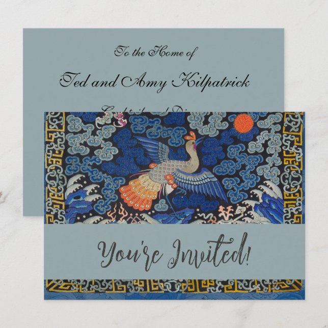 Invitation Broderie chinoise bleu d'oiseau Vintage (Devant / Derrière)