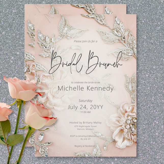 Invitation Broderie moderne en satin rose et brunch nuptial e (Modern Pink Satin Embroidery & Glam Bridal Brunch Invitation)