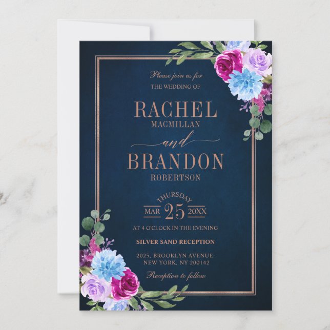 Invitation Bronz floral rose chaud bleu Mariage rustique bleu (Devant)