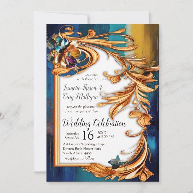 Invitation bronze Abstrait, style baroque bleu or (Devant)
