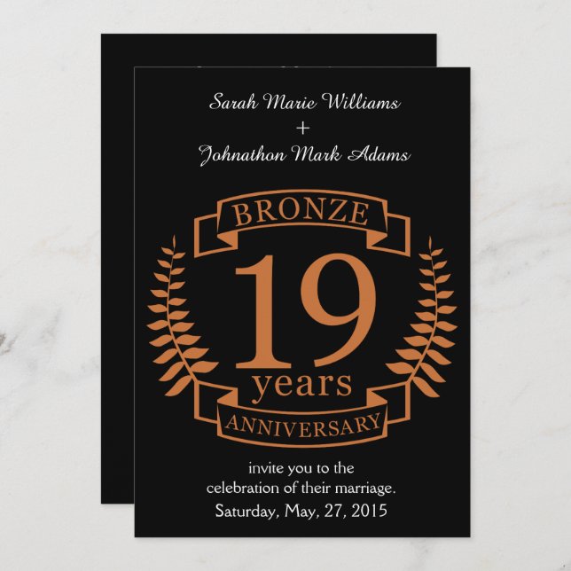 Invitation Bronze anniversaire traditionnel mariage 19 ans (Devant / Derrière)