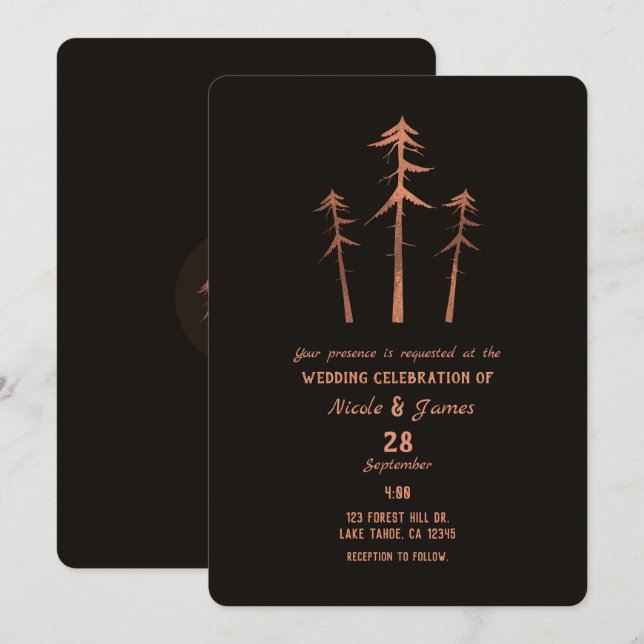 Invitation Bronze de cuivre grands pins Mariage rustique (Devant / Derrière)