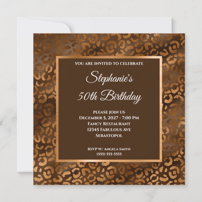 Invitation Bronze et Brown Foil Leopard Glam 50e anniversaire (Devant)