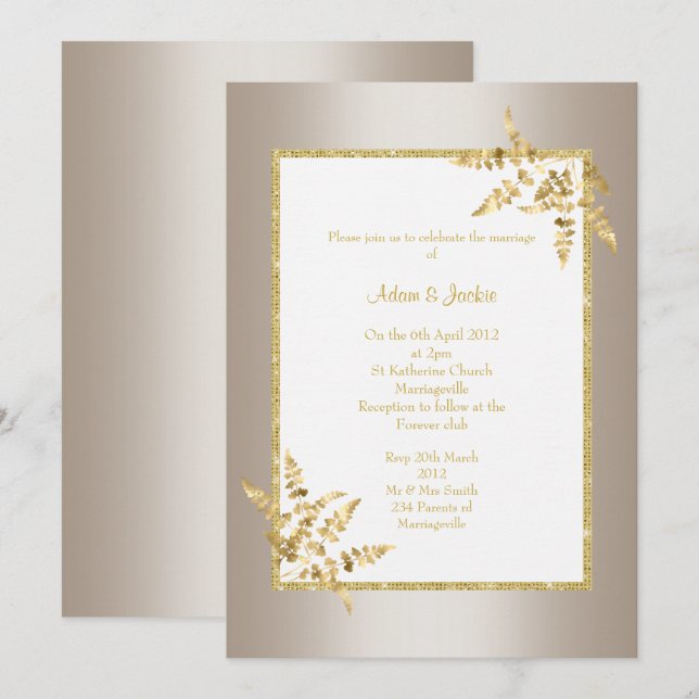 INVITATION BRONZE FEUILLE D'OR BLANC ÉLÉGANT MARIAGE CLASSÉ (Devant / Derrière)