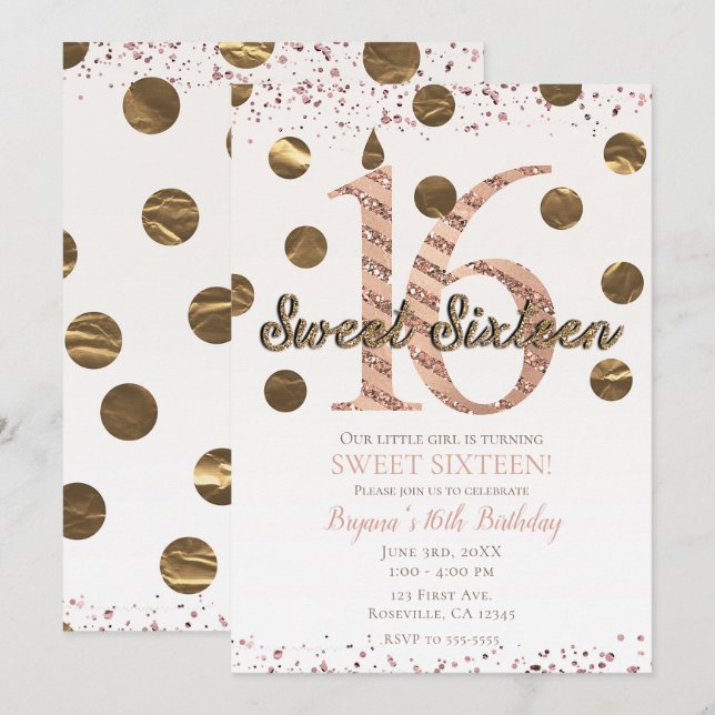 Invitation Bronze Rose Pois Gold Sweet 16 Anniversaire (Devant / Derrière)