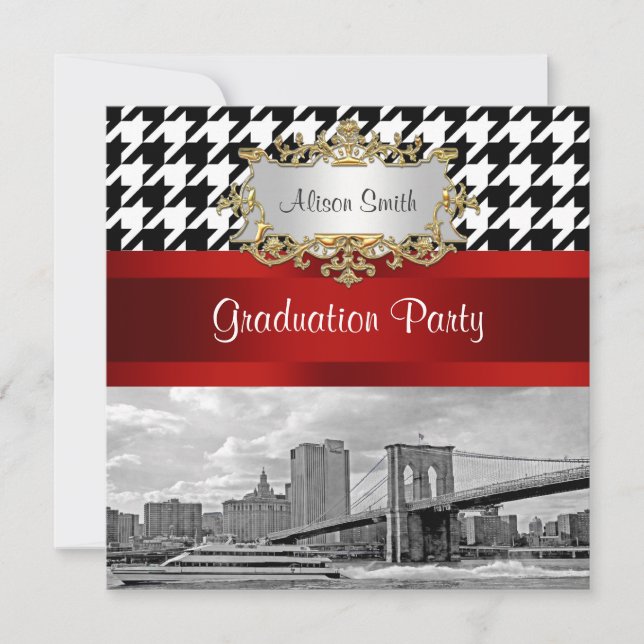 Invitation Brooklyn Bridge Blk Wht Houndstooth Graduation (Devant)