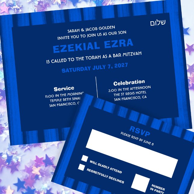 Invitation Brosse Bleu Bat mitzvah de la barre personnalisée (Brushstrokes Stripes Blue Custom Bar Bat Mitzvah Invitation
)