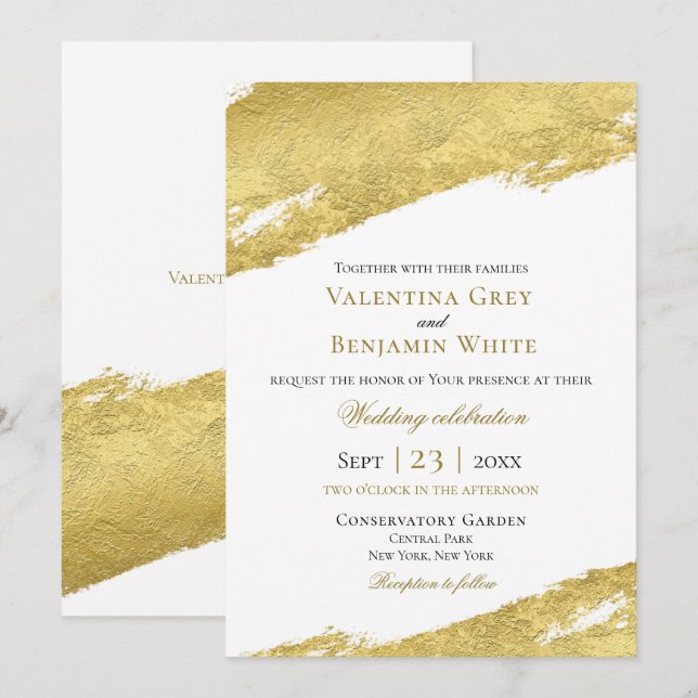 Invitation Brosse de feuille d'or trait moderne élégant maria (Devant / Derrière)