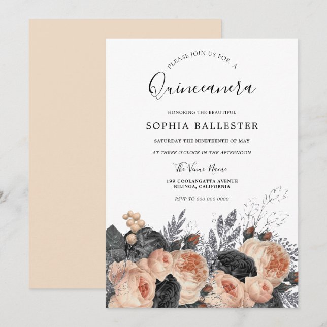 Invitation Brosse et Fleurs noires Élégante Quinceanera (Devant / Derrière)
