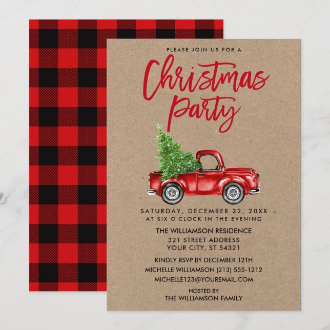 Invitation Brosse Kraft Script Camion Plaid Christmas Party R (Devant / Derrière)