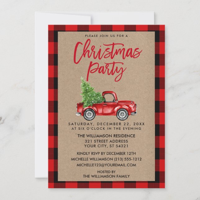 Invitation Brosse Kraft Script Camion Plaid Christmas Party R (Devant)