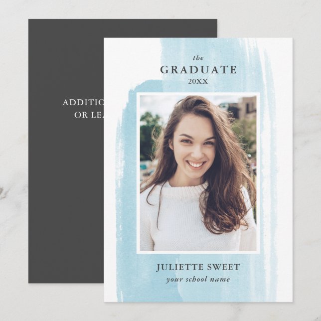 Invitation Brosse | Light Blue Photo Girly Graduation (Devant / Derrière)