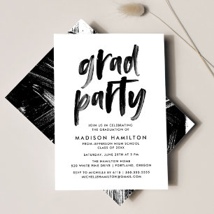 Invitation Brosse moderne Script Black and White Grad Party