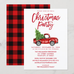 Invitation Brosse rouge Script Camion Plaid Christmas Party