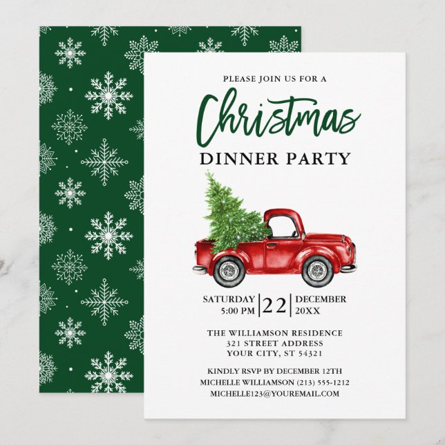 Invitation Brosse Script Camion Noël Parti Vert (Devant / Derrière)