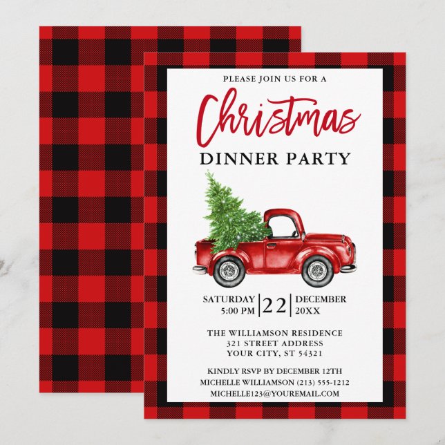 Invitation Brosse Script Camion Rouge Plaid Noël fête (Devant / Derrière)