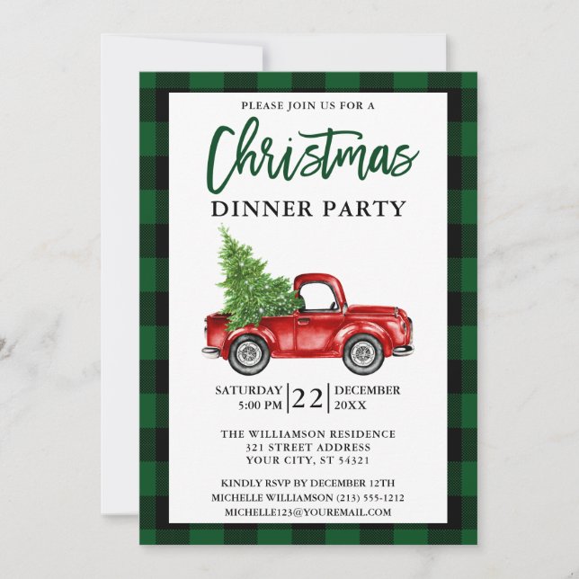 Invitation Brosse Script Camion vert Plaid Dîner de Noël (Devant)