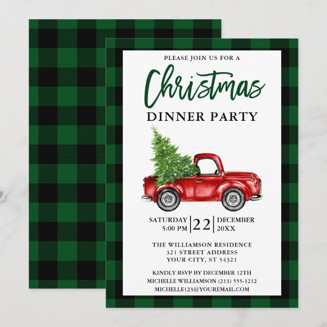Invitation Brosse Script Camion Vert Plaid Noël fête (Devant / Derrière)
