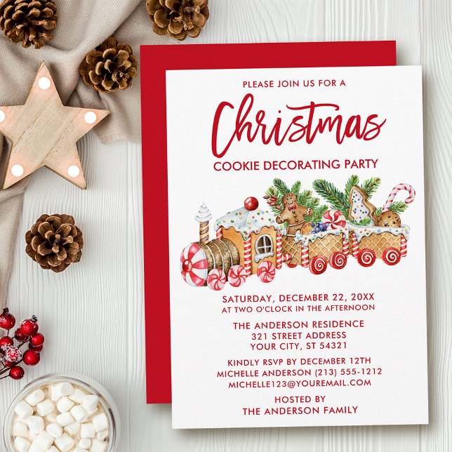 Invitation Brosse Script Noël Cookie Décoration Party Rouge (Customize to change your personalized text size, style, color or to change color of back of card.)