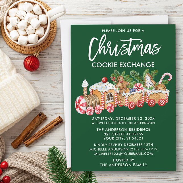 Invitation Brosse Script Noël Cookie Exchange Green (Customize to change your personalized text size or text style.)