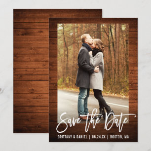 Invitation Brosse Script Rustic Wood Photo Enregistrer la car