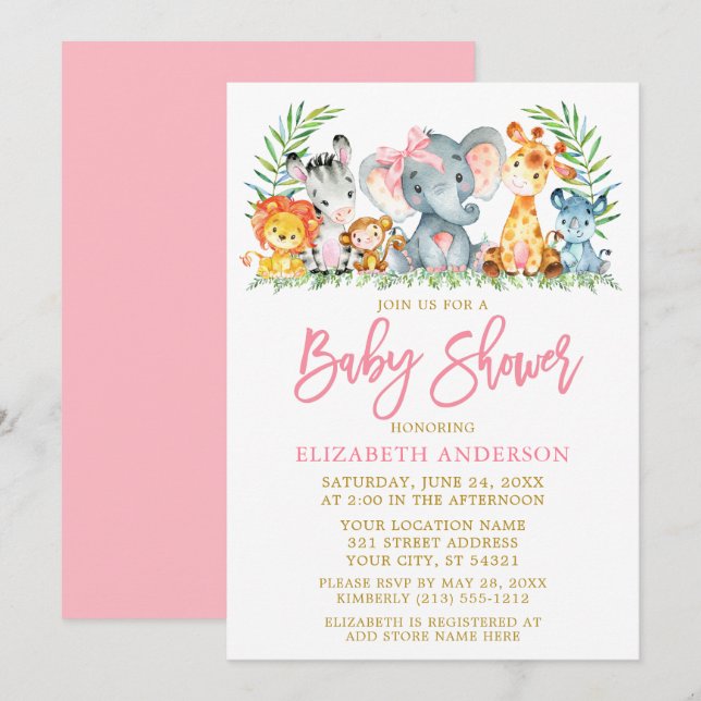 Invitation Brosse Script Safari Animaux Baby shower de la cav (Devant / Derrière)