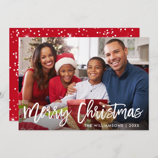 Invitation Brosse Script Star Merry Christmas Photo Red Card (Devant / Derrière)