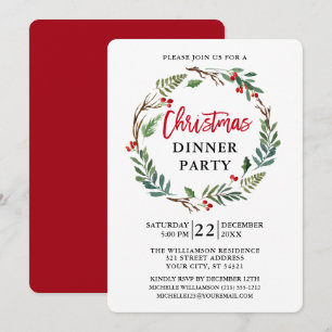 Invitation Brosse Script Watercolor Wreath Red Christmas Part