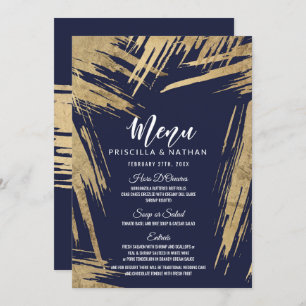 Invitation Brosses d'or moderne Marine Blue Mariage Menu
