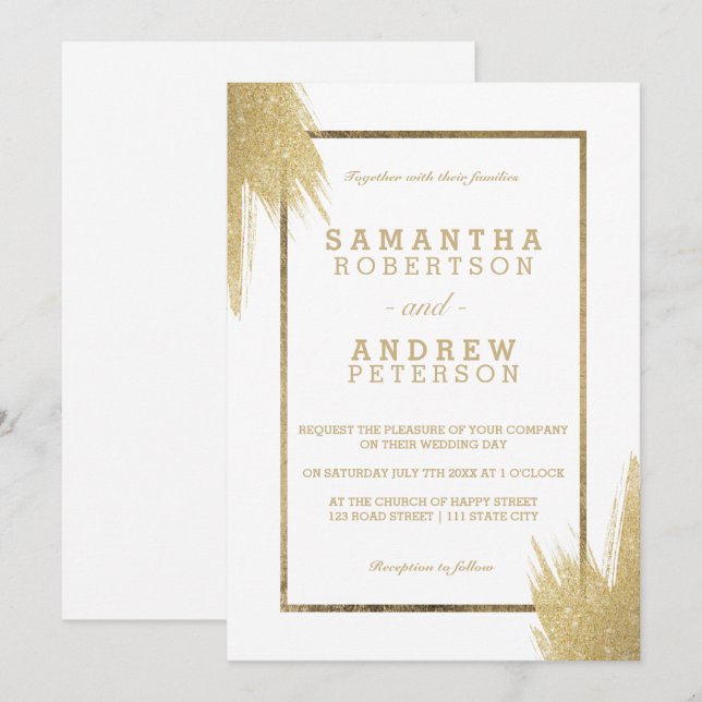 Invitation Brosses d'or simple mariage blanc (Devant / Derrière)