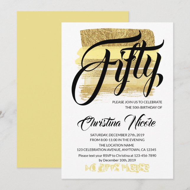 Invitation Brosses d'or Sparkly Cinquante Anniversaire Fête t (Devant / Derrière)