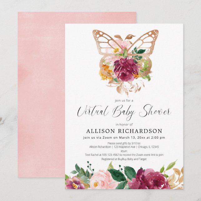 Invitation Brougeur rousse de papillon Baby shower virtuel (Devant / Derrière)