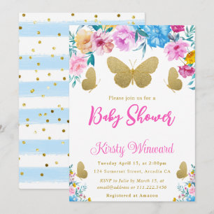 Invitation Brouille. Baby shower à papillon bleu et or Floral