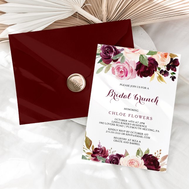 Invitation Broussaillement vert Bourgogne Floral Bridal Brunc (Créateur téléchargé)