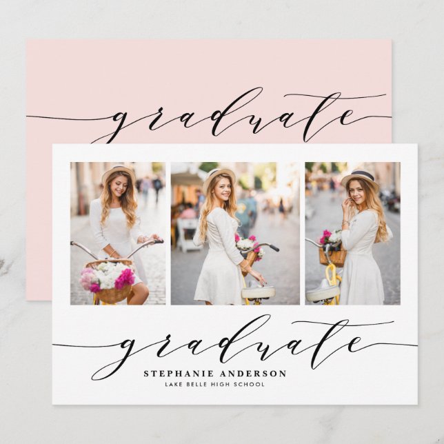 Invitation Broussailler Dainty Script Trois Photo Graduation  (Devant / Derrière)