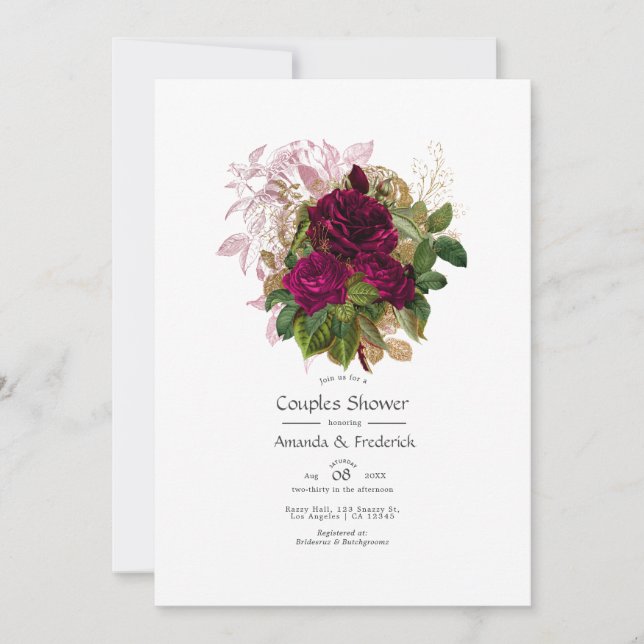 Invitation Brousse Bourgogne Or Shabby Floral Couples Douche (Devant)