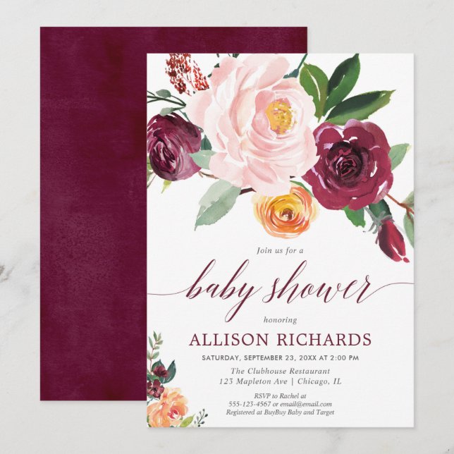 Invitation Brousse rose bordeaux automne floral fille baby sh (Devant / Derrière)