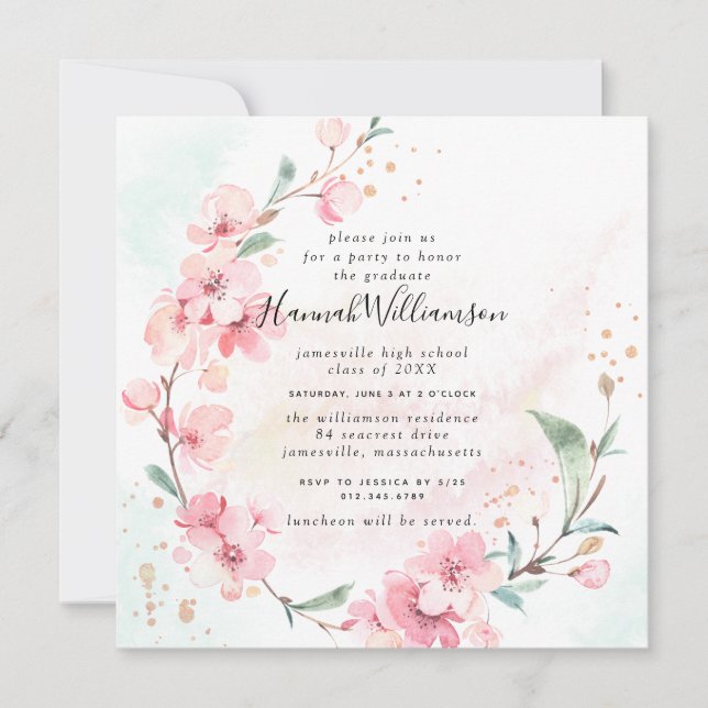 Invitation Brousse rose cerise fleurs Carré graduation (Devant)