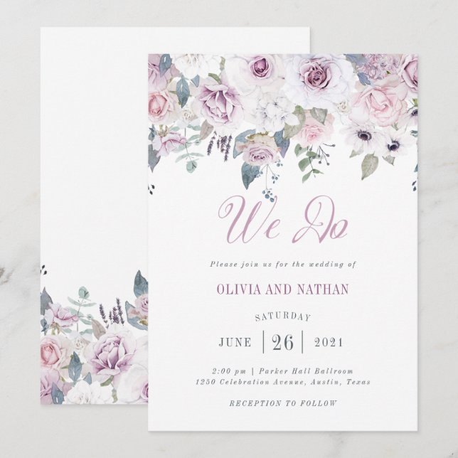 Invitation Broussette violette| Mariage floral (Devant / Derrière)