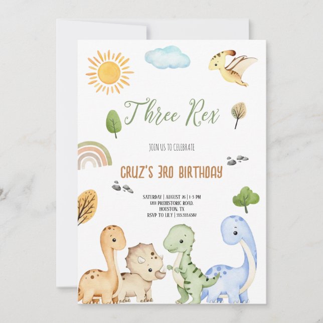 Invitation Brown And Green Dinosaur Three Rex 3rd Birthday  (Devant)