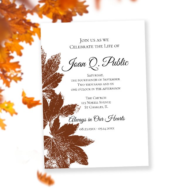 Invitation Brown Automne Feuilles Célébration de la vie Memor (Créateur téléchargé)