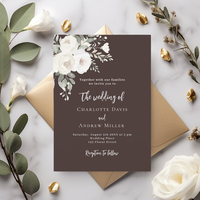 Invitation Brown bistre blanc roses mariage (Créateur téléchargé)