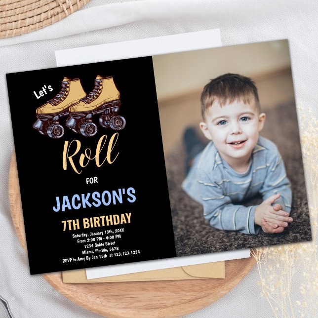 Invitation Brown Black Boy Photo Patinage Anniversaire Invita (Brown Black Boy Photo Skating Birthday Invitations)