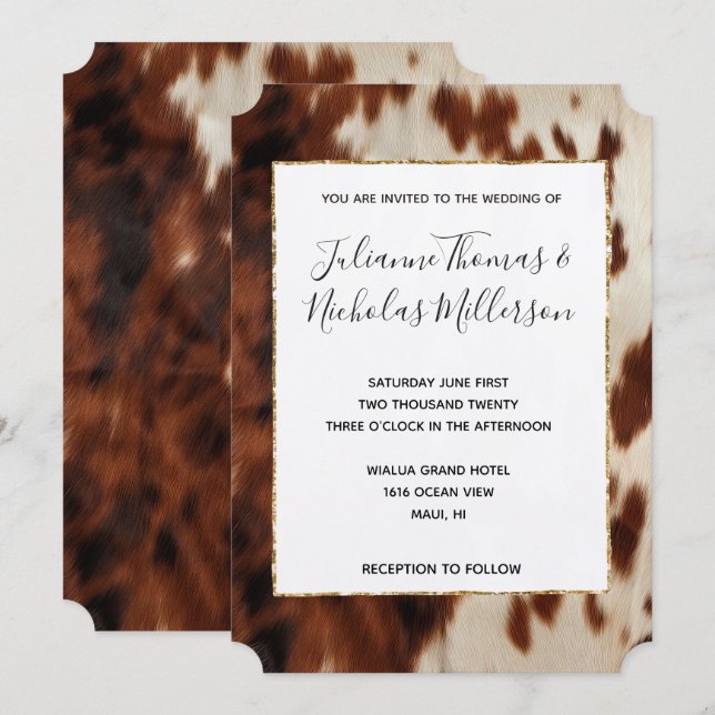 Invitation Brown Black Cream Southwest Cowhide Mariage (Devant / Derrière)