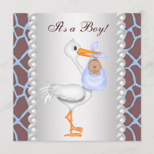 Invitation Brown Blue Giraffe Stork bébé garçon douche