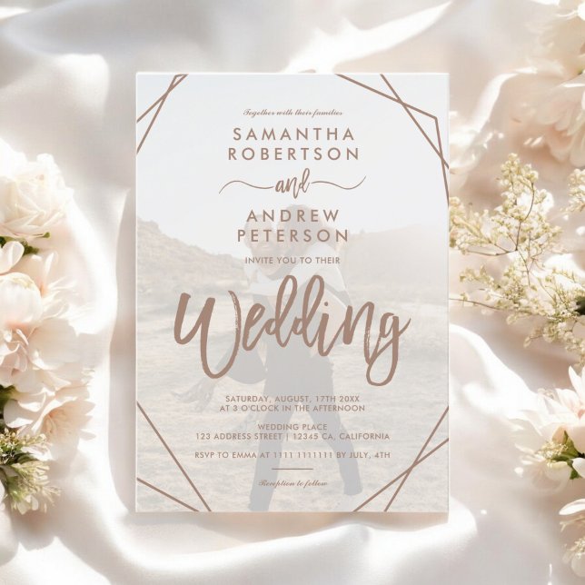 Invitation Brown boho frame simple script photo mariage (Brown boho frame simple photo script wedding invitation)